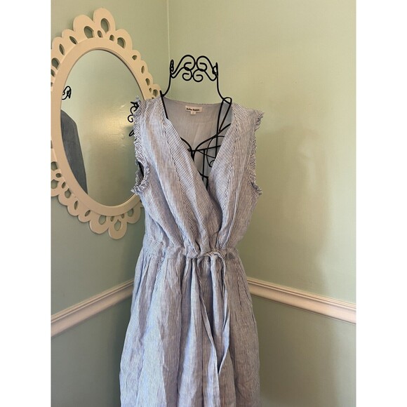 Roberta Roller Rabbit Linen Dress Raw Hems Striped Blue/White Size Large $298 - Picture 5 of 9